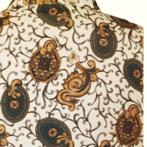 VINTAGE BLOUSE SHIRT LONG SLEEVE SZ 14 GOLD BEIGE BROWN GREEN RED BRASS BUTTONS - Picture 8 of 13